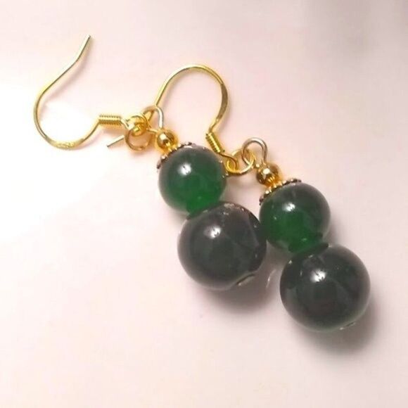 Deep Forest Green Double Bead Drop Earrings - Picture 3 of 5